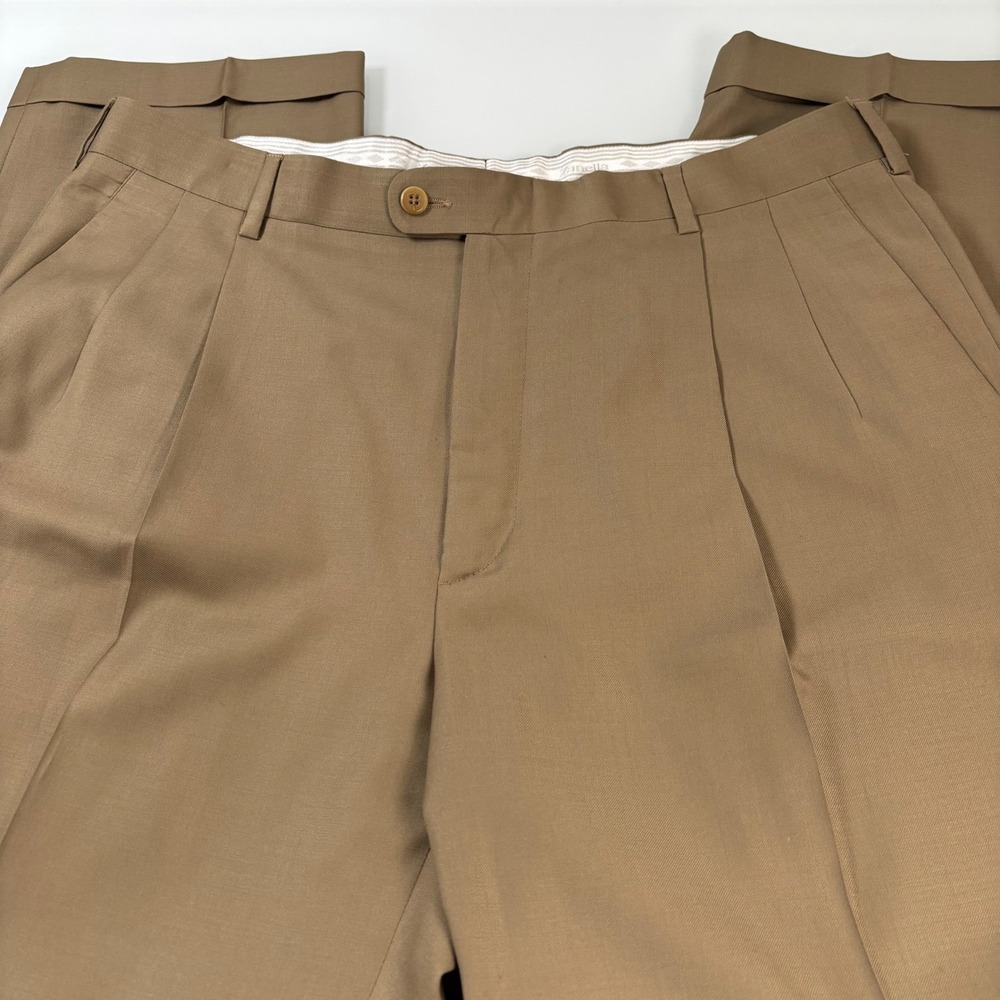 Zanella Mens 36 Tan Wool Pleated Bennett Dress Pants Super 120 Cuffed Flaw